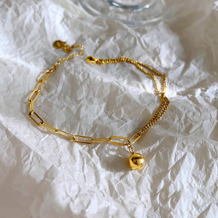 18K gold trendy and fashionable double chain splicing and small gold ball design anklet