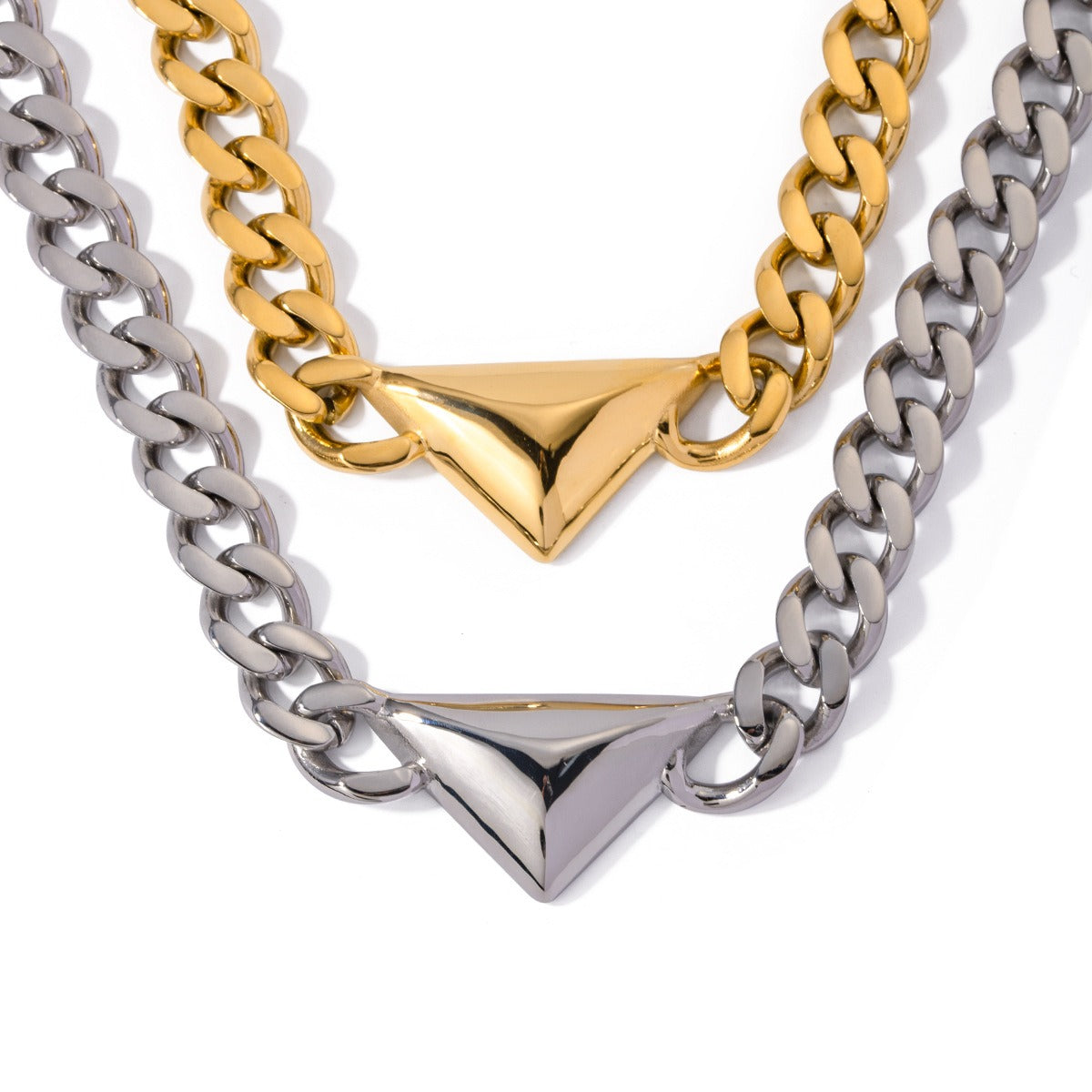 18k gold exaggerated triangle design necklace with Cuban chain