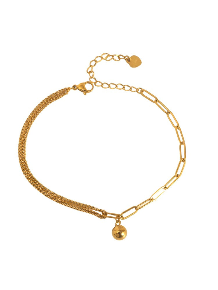 18K gold trendy and fashionable double chain splicing and small gold ball design anklet
